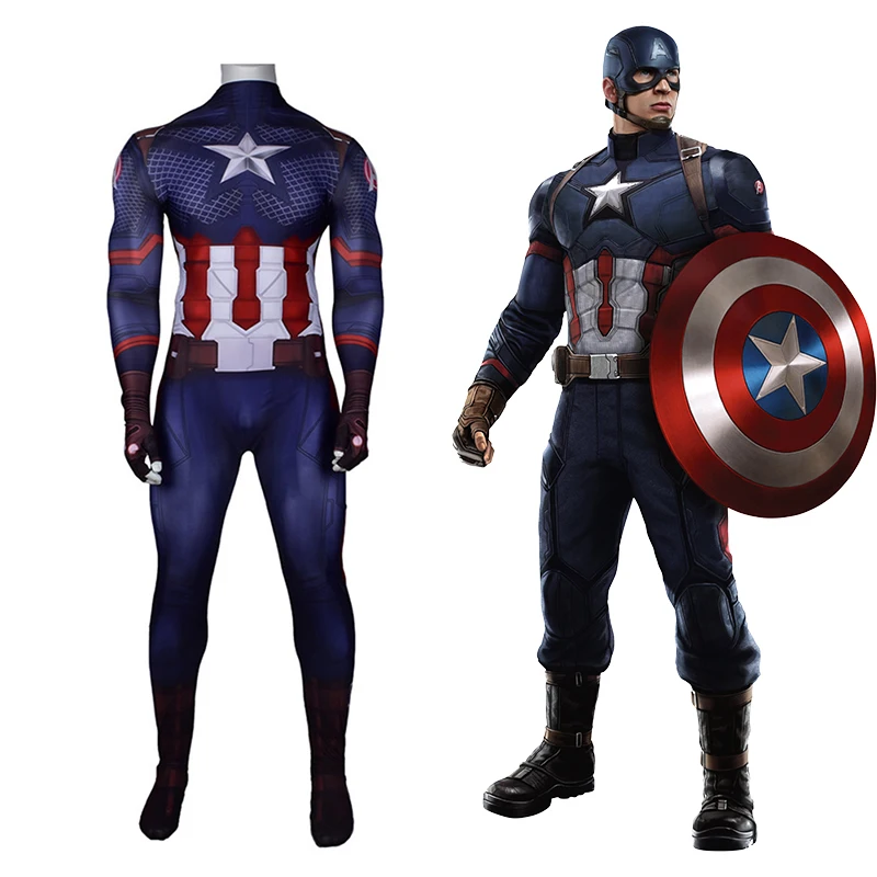 

Marvel The Avengers Superhero Captain America Cosplay Jumpsuit Costume Steve Rogers Zentai Bodysuit Halloween Adult Child Men