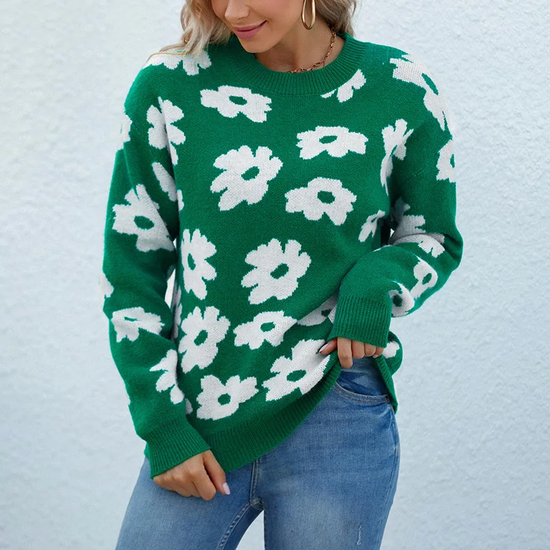 Autumn Winter New Women Knitted Sweater Round Neck Pullover Flower Sweater Fashion Tops 2022 Women