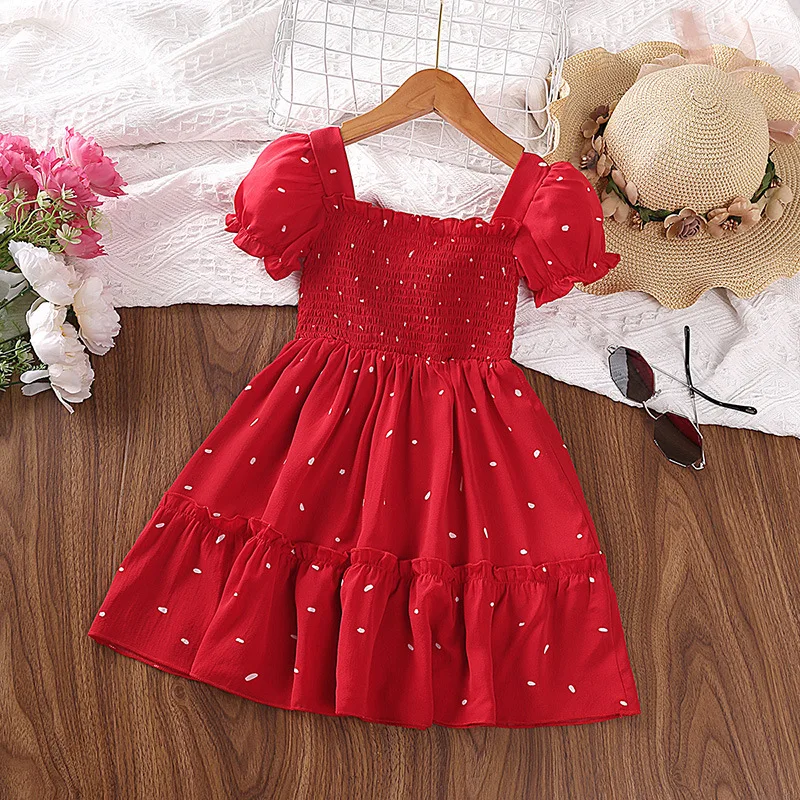 

2023 Girls Red Dresses Summer Teenagers Dot Sling Princess Party Elegant Girl Dress Children Kids Casual Clothes 2 4 6 Years Old
