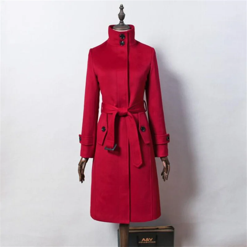 

Spring autumn long wool coat women overcoat casaco feminino abrigos invierno jaqueta feminina stand collar belt black grey red