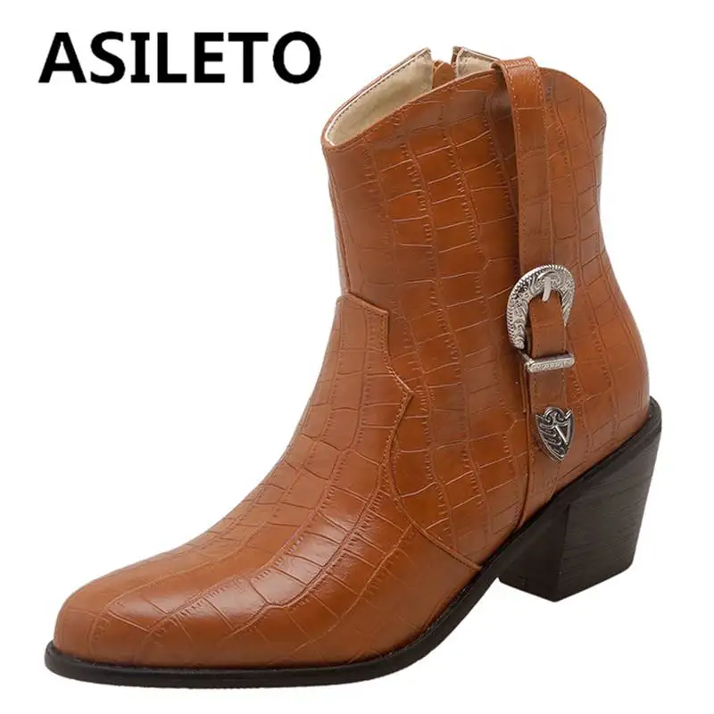 

ASILETO Womans Western Boots Pointed Toe Block Heel 6cm Zipper Plaid Metal Decoration Big Size 46 47 48 Short Booties Casual