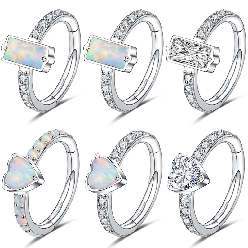 

ZS Opal Heart Septum Ring Stainless Steel Nose Ring Piercing Zircon Women Opal Heart Daith Helix Tragus Conch Piercing Earring