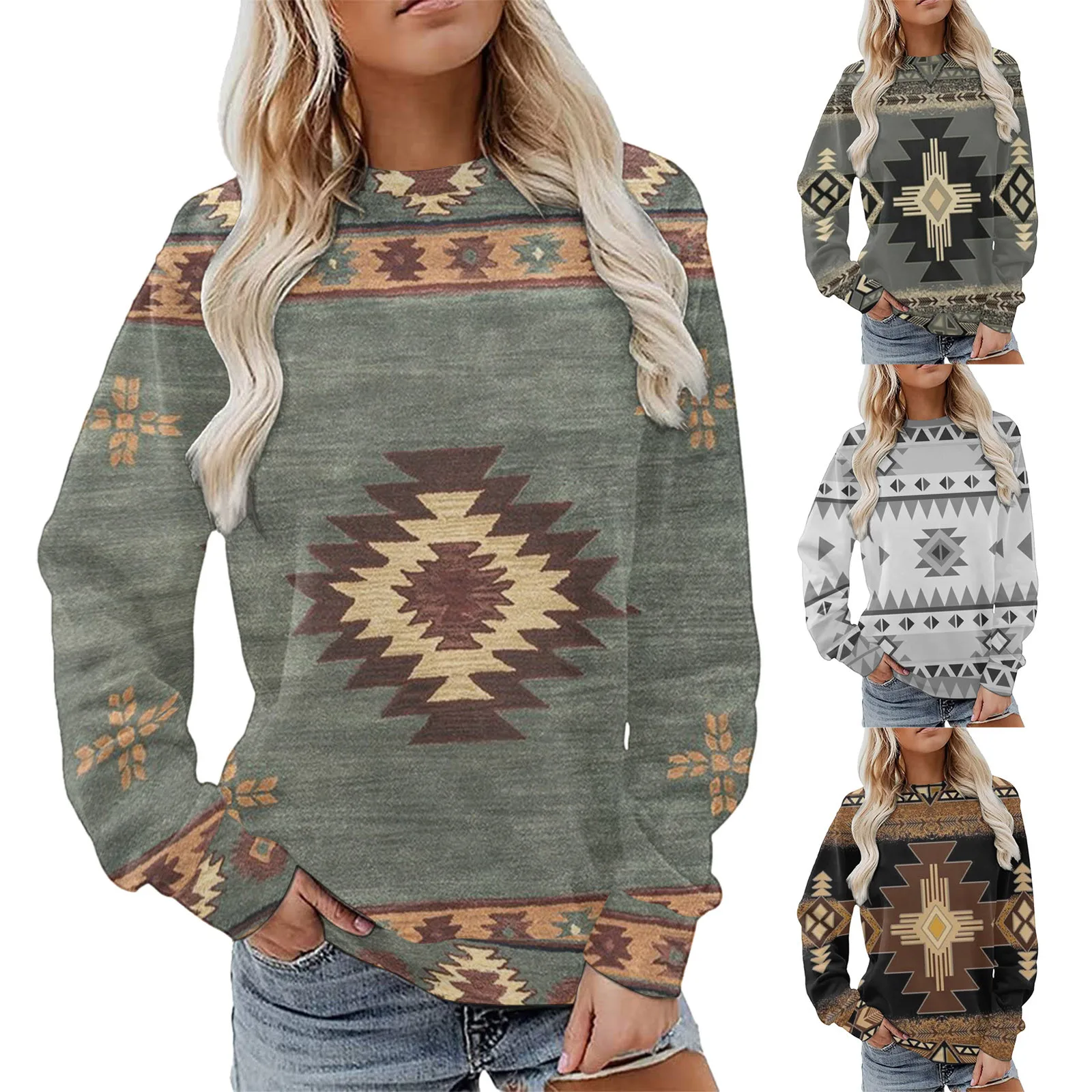 

Womens Casual Round Neck Sweatshirt Long Sleeve Top Ethnic Pattern Vintage Western Hoodies Womens Aztec Pullover Color Top