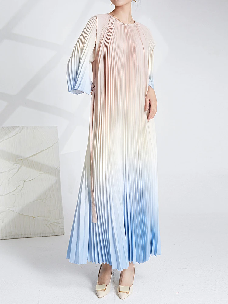 

Miyake Gradient Pleated Elegant Style A-line Skirt Women Fashion Design Summer Clothing Long Sleeve Round Neck Holiday Dresses