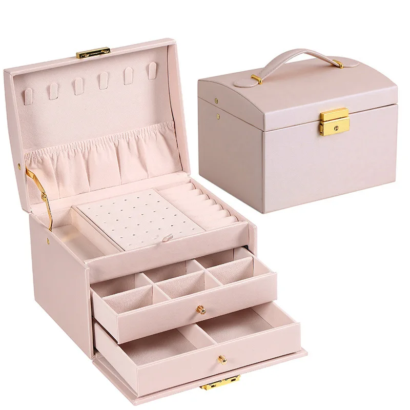 Multi-functional Three-layer Leather Drawer-style Jewelry Box Earrings Earrings Lock Jewelry Box