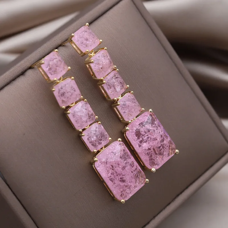 

European American New Design Fashion Jewelry Long Square Green Cracked Zircon Earrings Luxury Women's Wedding Party Accessories