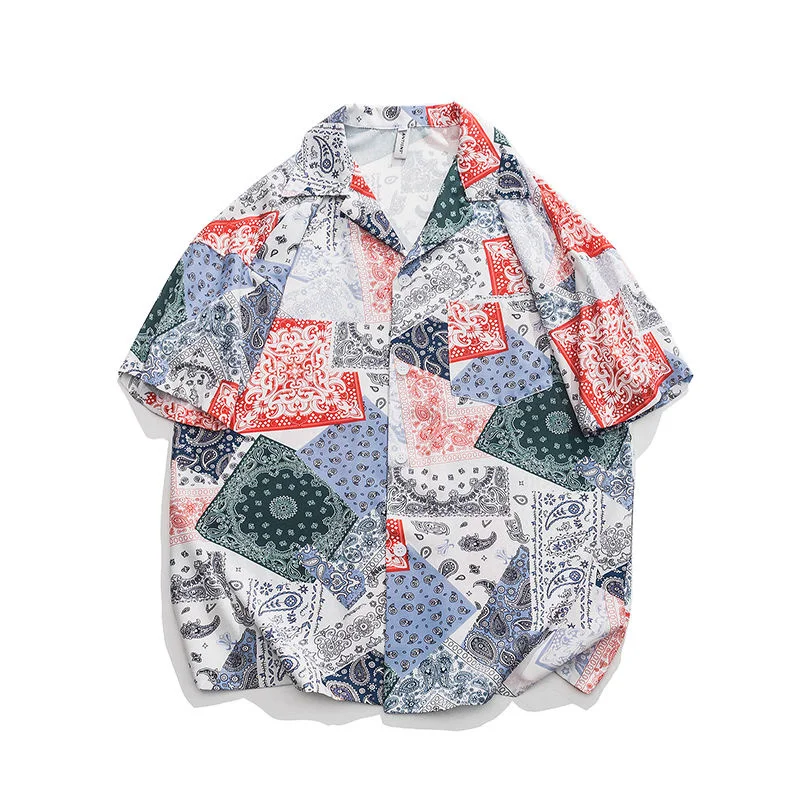 

Contrast Color Full-printed Short Sleeve Shirts Fashion Loose Coat Lapel Casual Bottoming Tops Thin Summer Beach Men's Clothing
