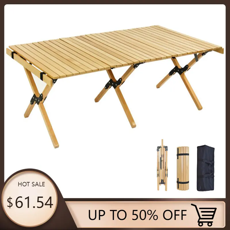 Folding Wood Table Portable Outdoor Indoor All-Purpose Foldable Picnic Table Cake Roll Wooden Table in a Bag for Picnic Camping