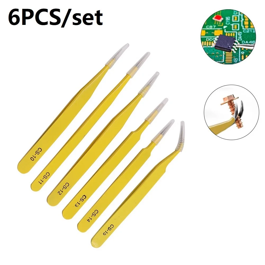 

1/6pcs Anti-Static Stainless Steel Tweezers Precision Maintenance Industrial Repair Curved Tool Working Model Making Hand Tool