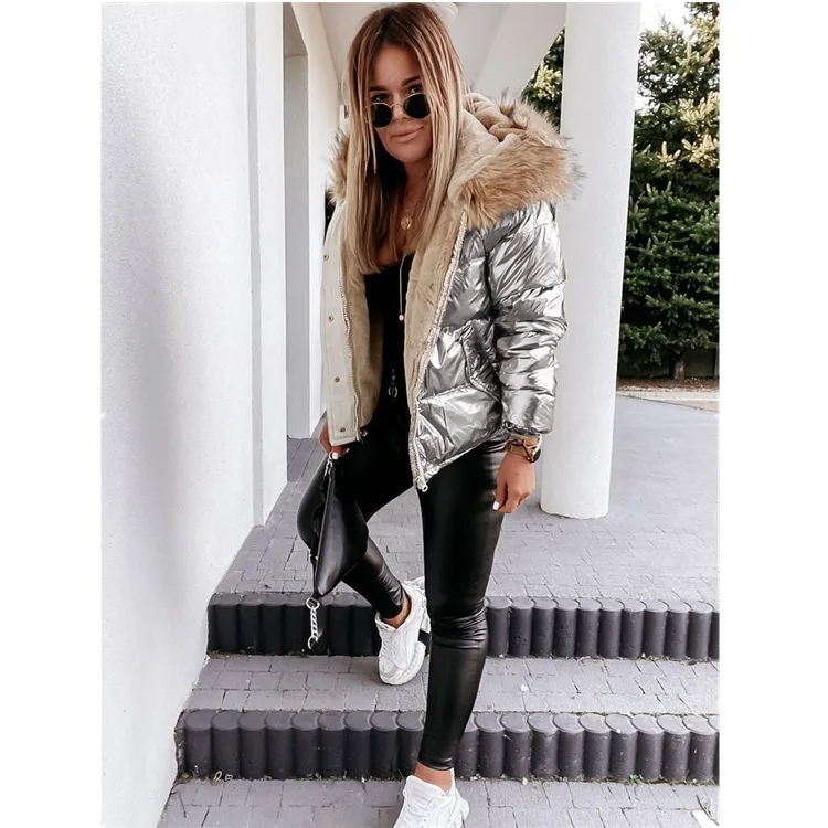Winter hooded slim short cotton jacket bright PU solid color fashion warm zipper cotton jacket