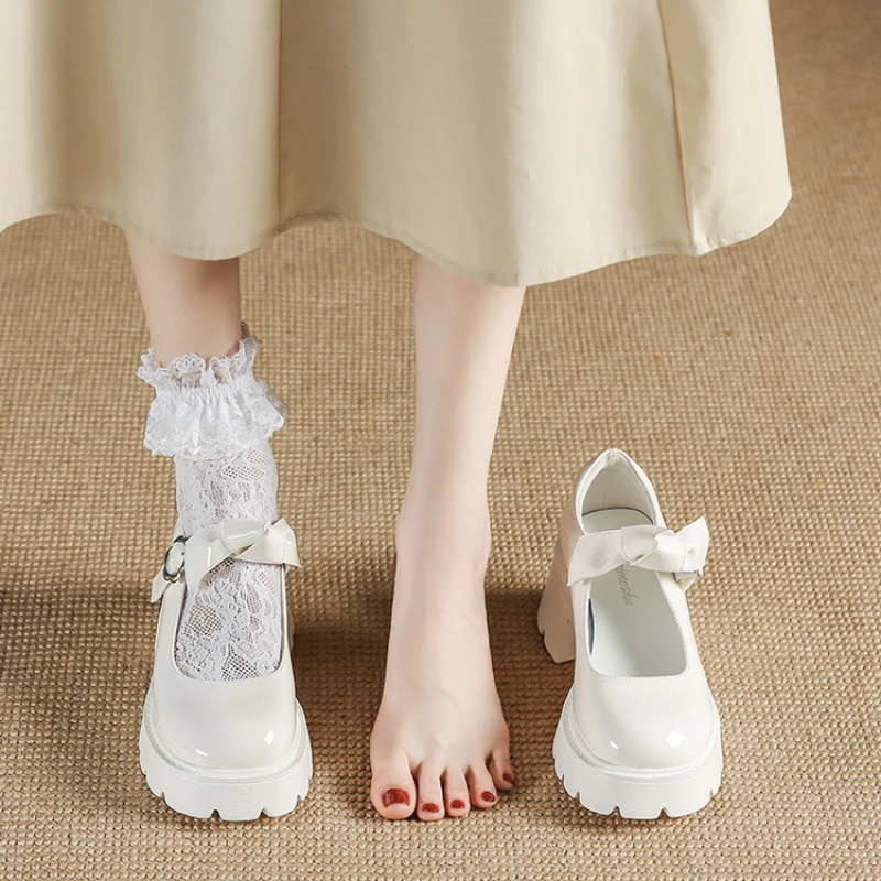 Chunky Platform Mary Jane Shoes White High Heel Lolita Shoes Girls Japanese Style College Student Uniform Shoe Bow Women's Pumps