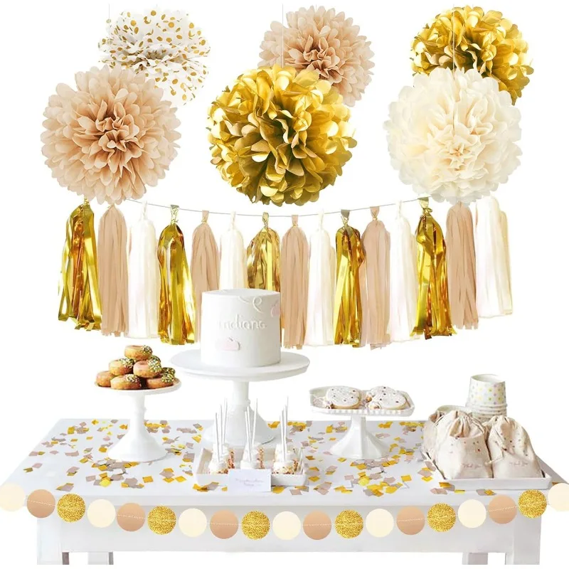 Золотистая белая свадебная декорация для душа украшения из салфетки помпоны в