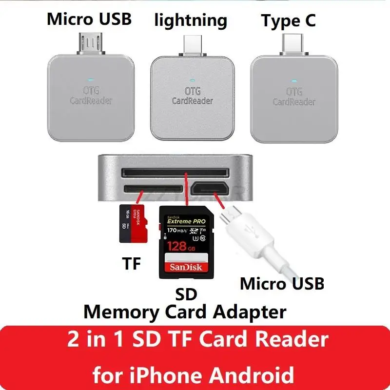 

SD Card /Memory Card Reader for iPhone iPad Micro USB/Type C SD TF Card Reader for Android Camera Viewer Micro USB OTG Adapter