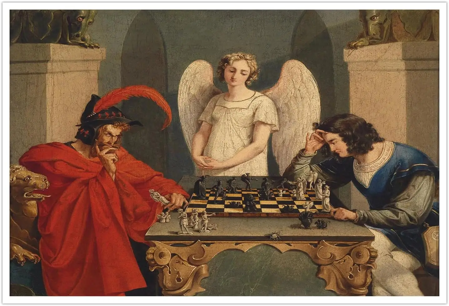 Фото IUHYVMSM винтажный плакат Faust And Mephistopheles Playing Chess, холст, настенное искусство, классический винтажный настенный декор для спальни №1