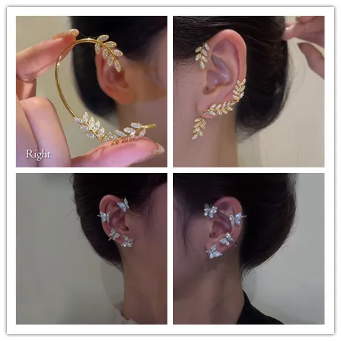 

Silver Plated Metal Leaf Butterfly Clip Earrings for Women Ear Clips Without Piercing Sparkling Zircon Ear Cuff Fashion Jewelry