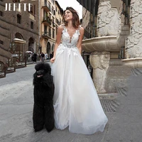 jeheth beach tulle v neck boho wedding dresses sleeveless lace applique bridal gowns elegant floor length vestidos de novia 2022