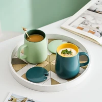 430ml colorblock mug for coffee breakfast oatmeal tea ceramic cup with lid and spoon for good gift