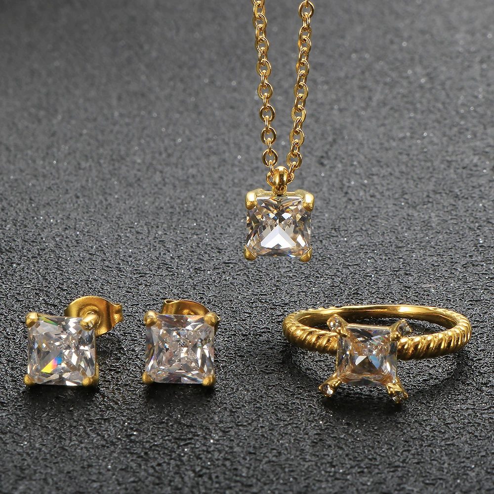 

Trendy Stainless Steel Jewelry Set For Women Chain Collar Square Zircon Inlaid Pendant Necklace CZ Crystal Shiny Rings Earrings