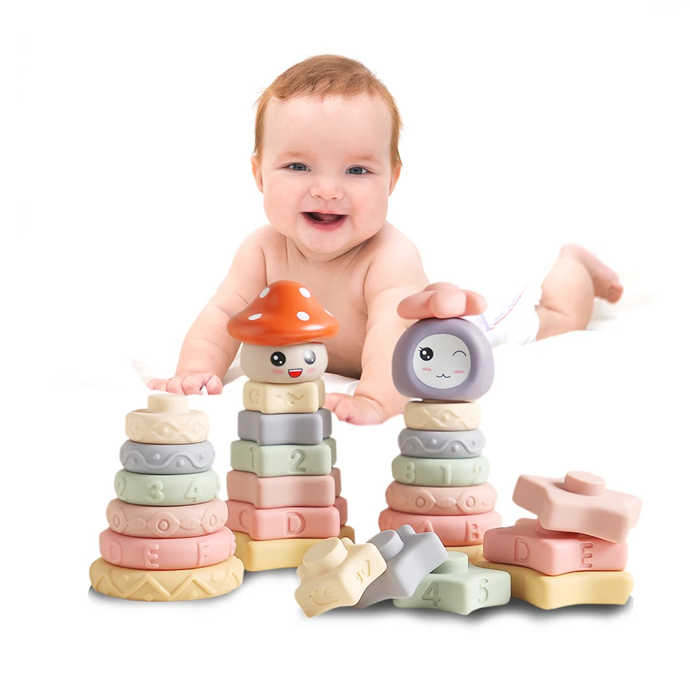 

Silicone Soft Building Block Baby Toy Stacking Toys Rubber Teether Sensory Stack Tower Montessori Educational Toy For Child Gift