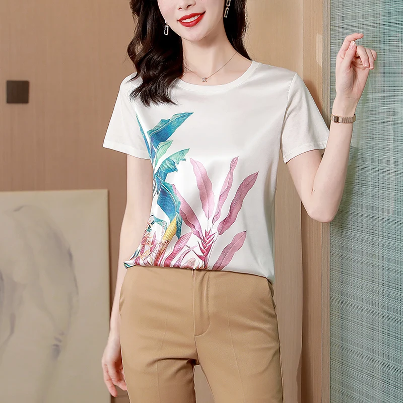 

Silk Cotton Women's T-shirt Summer 2023 New Printed Loose Tees Short Sleeves Top Patchwork O-neck Ladies Clothing YCMYUNYAN