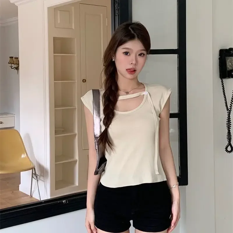 Women's Summer Thin Knitted T-shirt Cropped Slimming Petiteslims Square Collar Top Smooths Your Silhouette Design