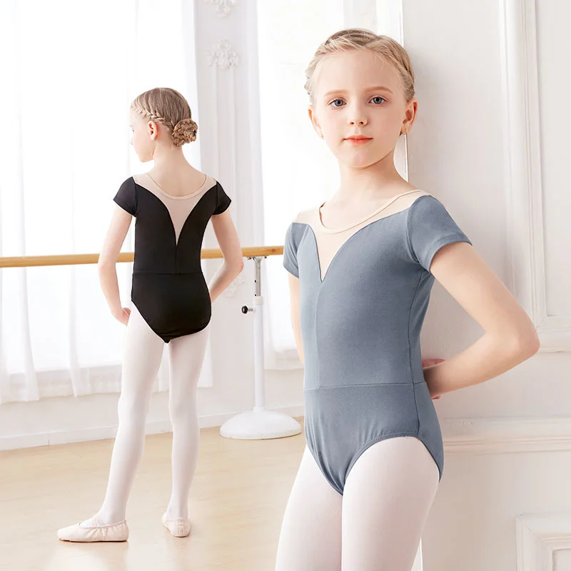 

Girls Teen Ballet Leotard Mesh Splice Gymnastics Leotards Ballet Dance Bodysuit Black Short Sleeve Children Ballet Costumes