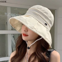 2022 new pleated solid color big edge bucket hat simple fashion broadside hats for women upf50 shade cap casquette femme luxe