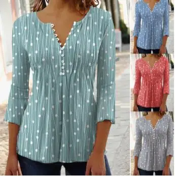 

Women Elegant Shirt 2023 Spring Summer Intellectual Wind Polka Dot Button V Neck Blouses Fashion Long Sleeves Comfortable Tops
