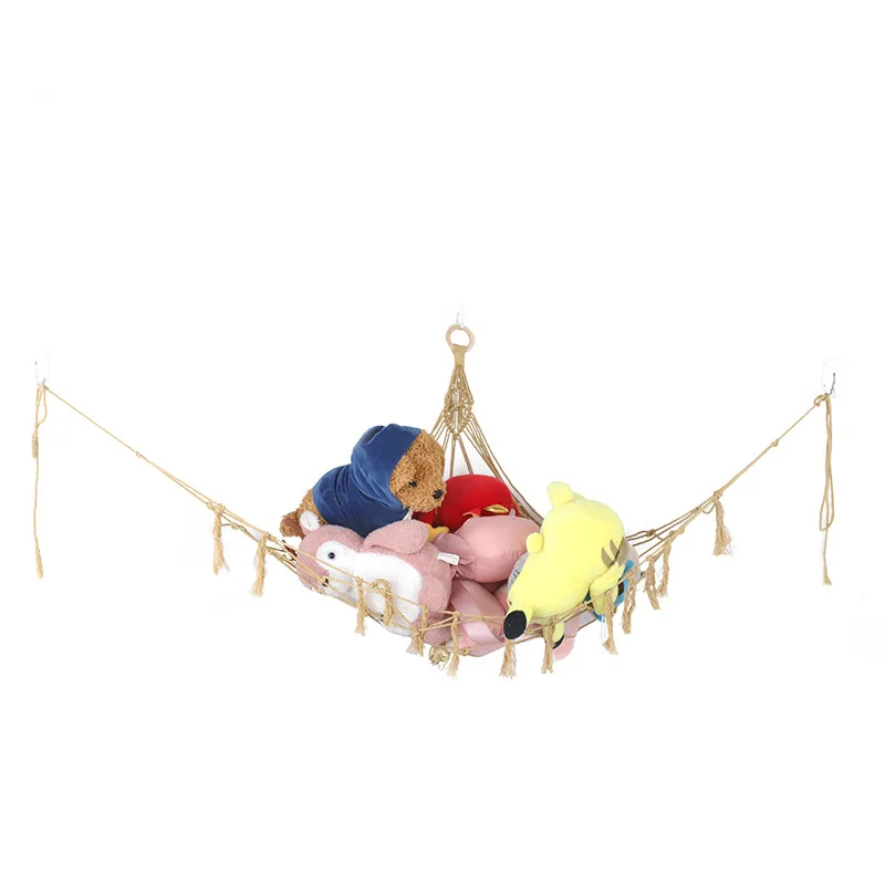 

Macrame Toy Hammock Baby Plush Toys Mesh Bedroom Nail-Free Triangle Wall-Mounted Bag for Playroom Living Room