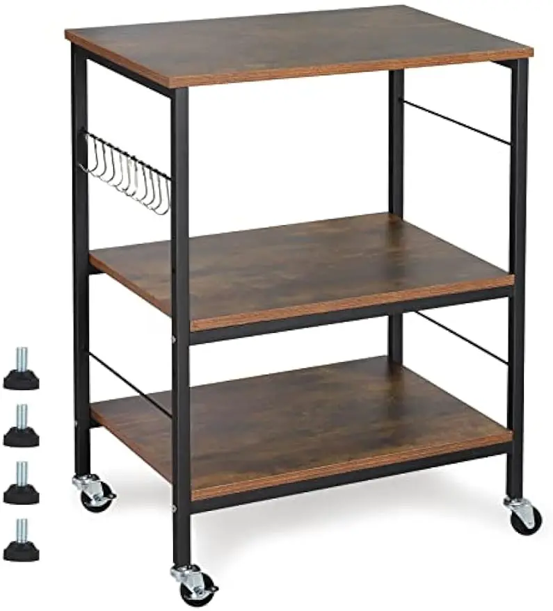 Industrial Microwave Oven Stand Kitchen Baker's Rack End Table 3 Tier Storage Shelf with 10 Hooks for Living Room, Kitchen