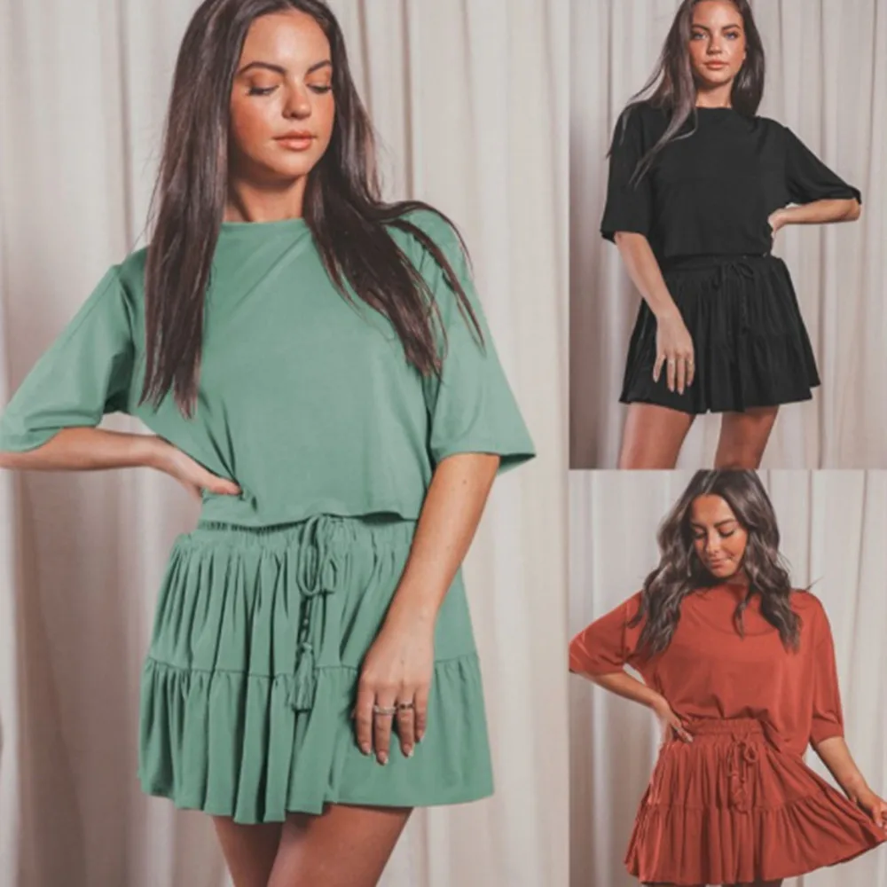 

Women New Summer Products Solid Color Medium Sleeve Loose Top T shirt Two Piece Set Drawstring Pleated Skirt Commuter Suit