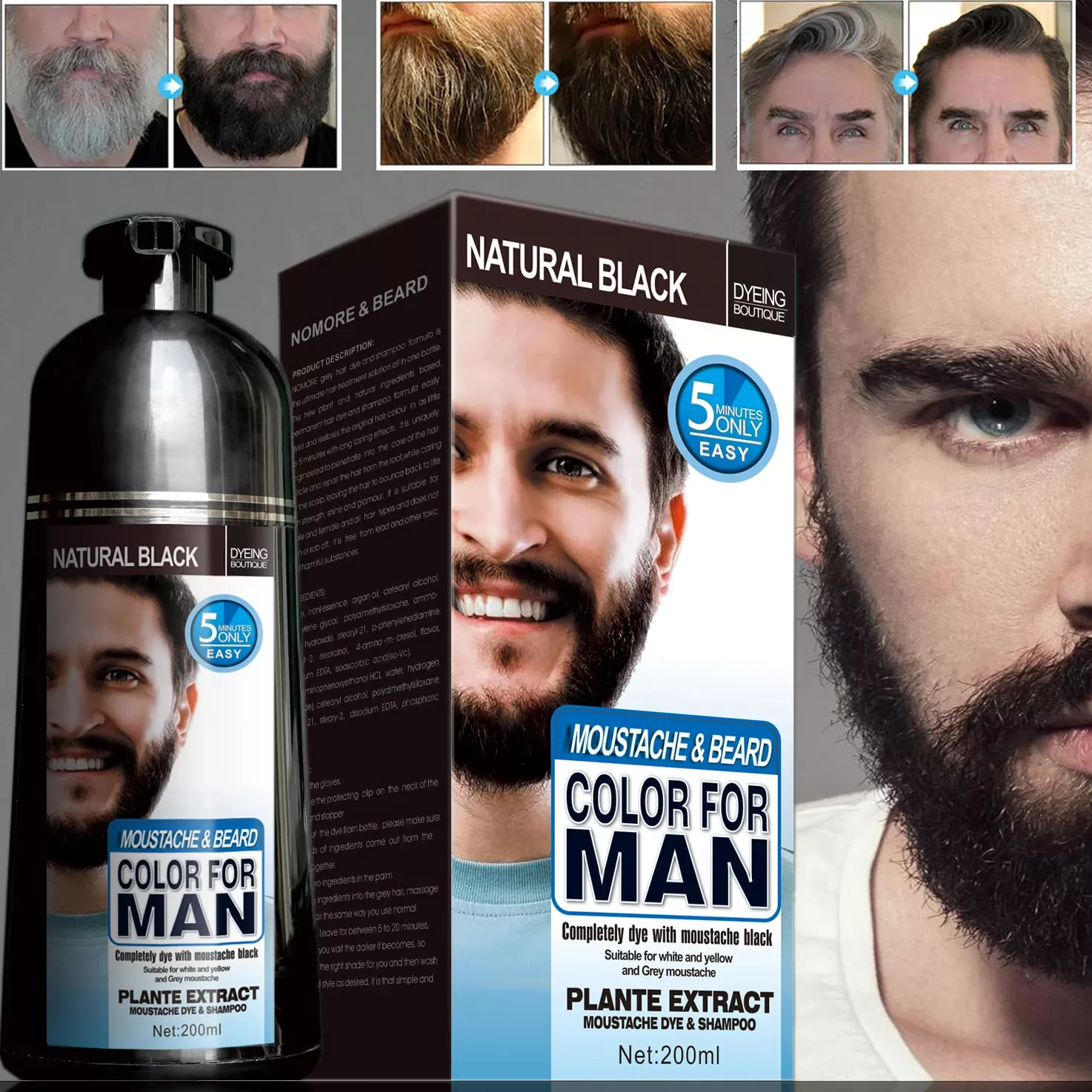 Long Lasting 200ml Permanent Beard Dye Shampoo For Men Beard Dying Removal White Grey Beard Hair Men Beard Dye Shampoo