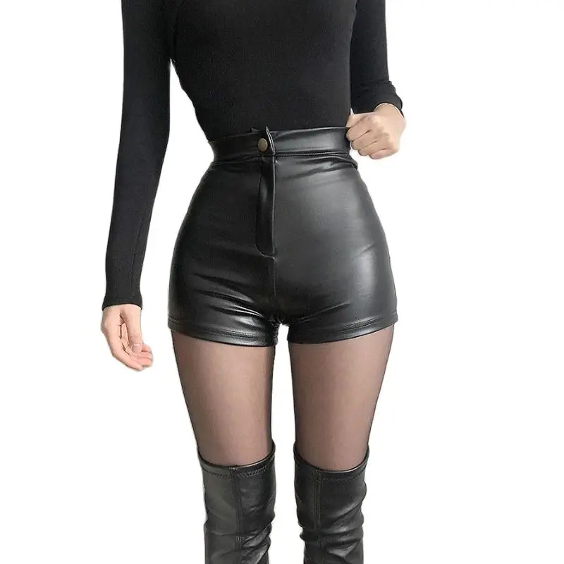 

2022 New Sexy Women Black Ultra Pu Leather Shorts Autumn And Winter High Waist Bottoms Tight Dj Polo Dance Shorts
