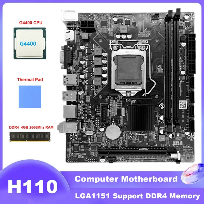 

H110 Computer Motherboard LGA1151 Supports Celeron G3900 G3930 Series CPU+G4400 CPU+DDR4 4GB 2666Mhz RAM+Thermal Pad