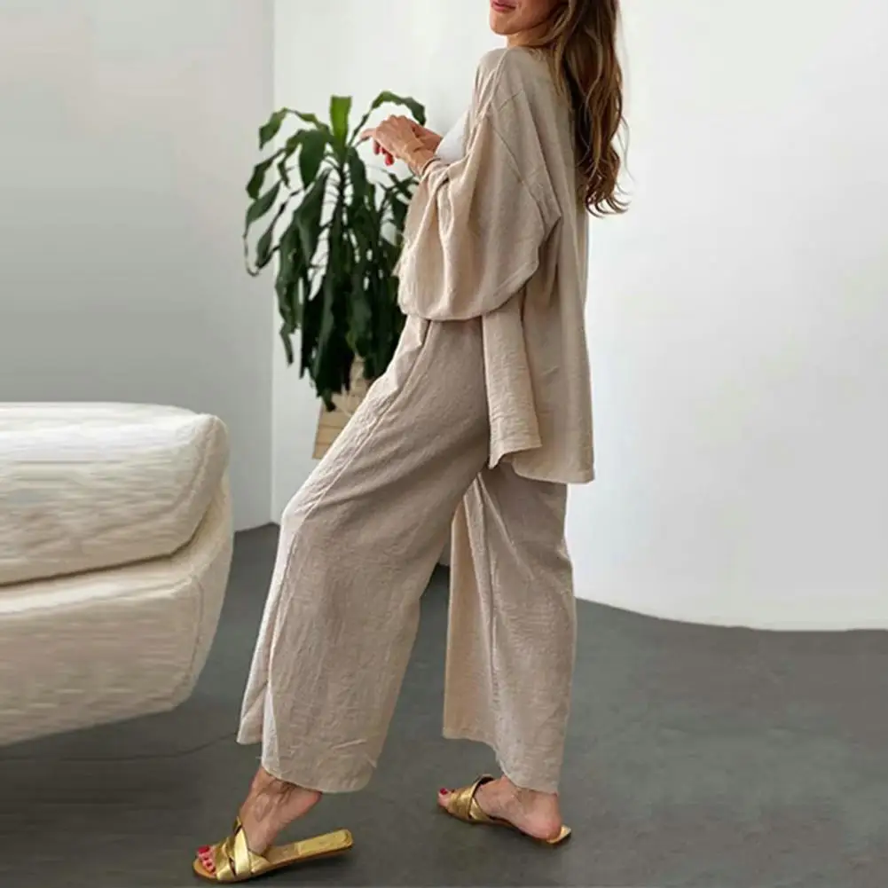 

Loose Top Pants Set Long-sleeved Top Pants Set Soft Breathable Cardigan Pants Set with Wide Leg Elastic Waist Crotch Stylish