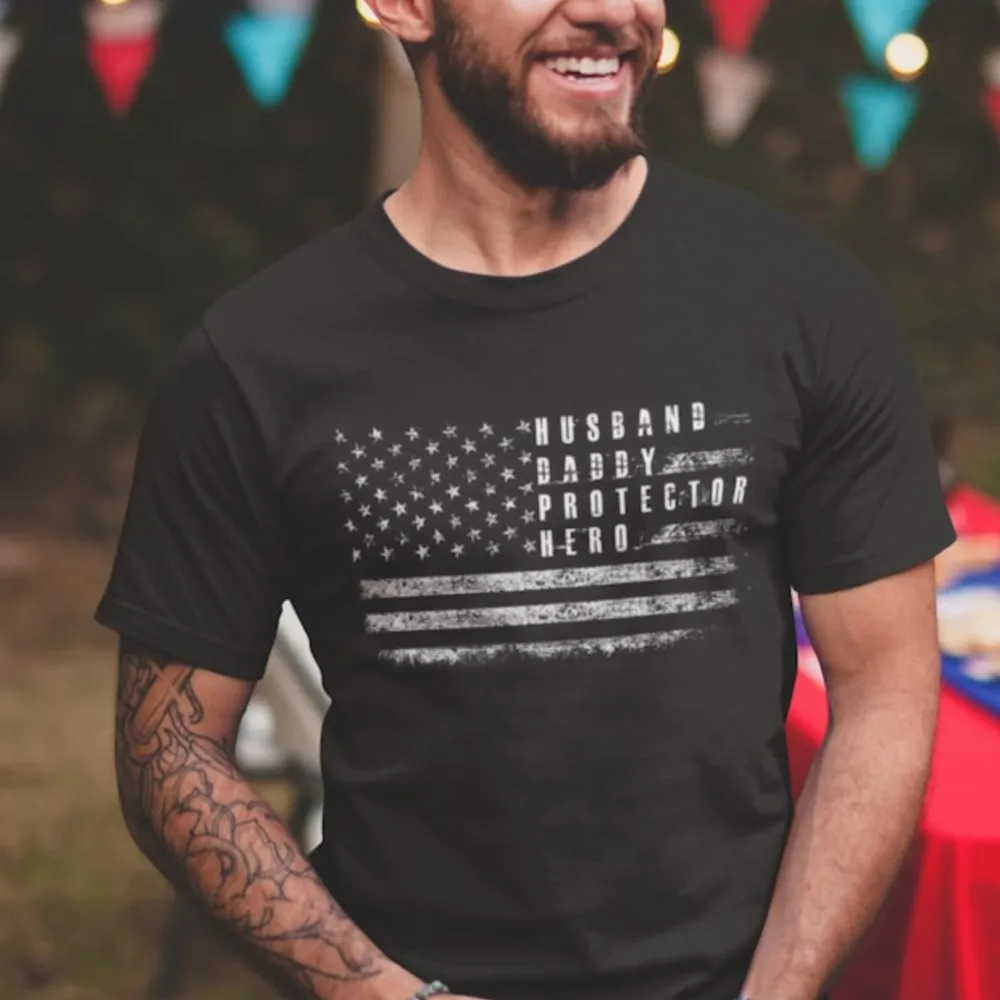 

USA Flag Patriotic Print T Shirt Husband Daddy Hero T-shirts Fathers Day Gift Men Round Neck Casual Tops