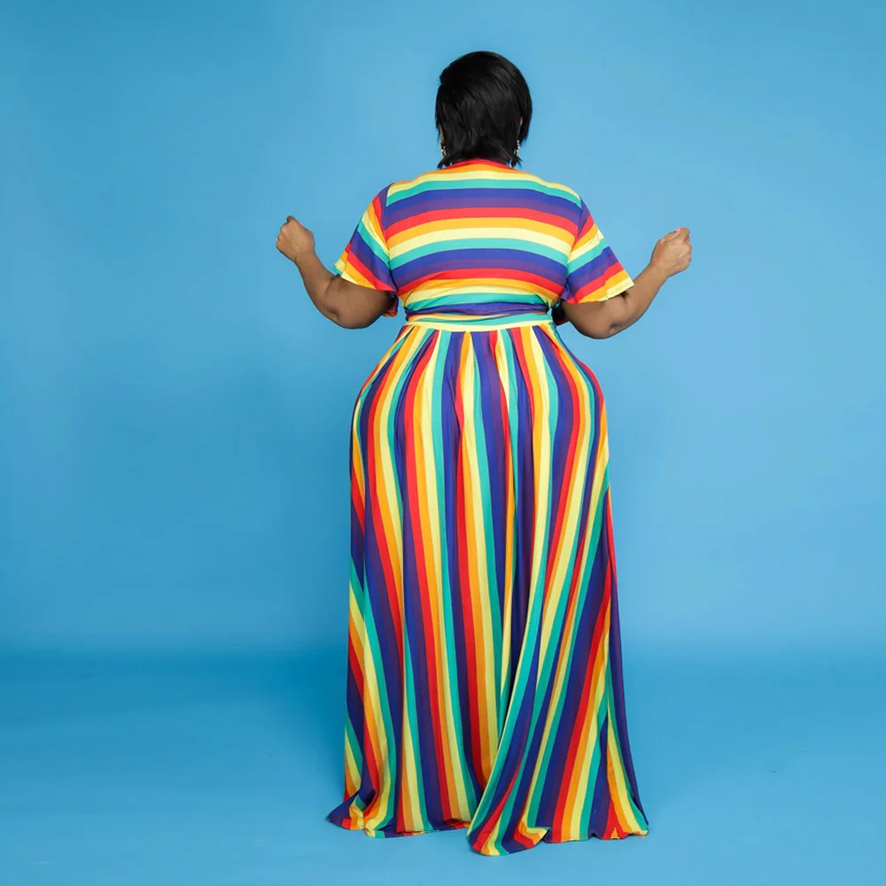 Plus Size Women's Suits 2023 Rainbow Stripe Large Size Suit New Trend Short Sleeve Sexy Suit Fashion Casual Female Clothes