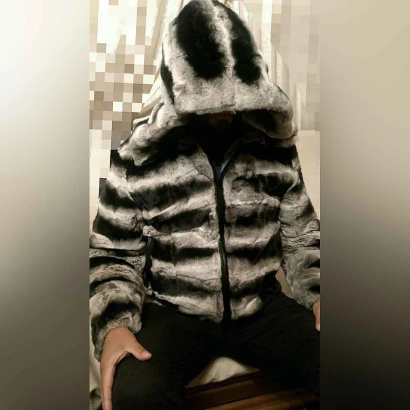 

Hooded Warm Natural Rex Rabbit Fur Jacket Men's Witner Fashion Black Outertwear Loose Genuine Furry Real Fur Coat Male