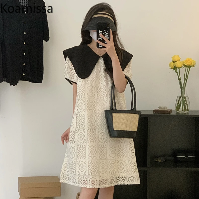 

Koamissa Sweet Lace Princess Mini Dress Peter Pan Collar Temperament Summer Bodycon Vestidos Korean Slim A Line Dress for Women