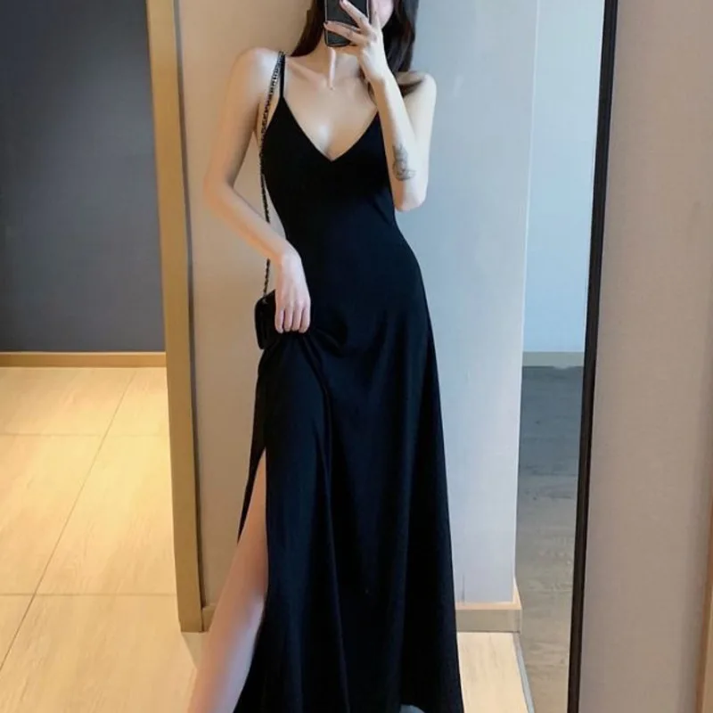 

2023 Black Dresses For Women New Suspender Small Long Dress Sexy Gentle V-Neck Backing Retro Long Side Split Vestidos De Mujer