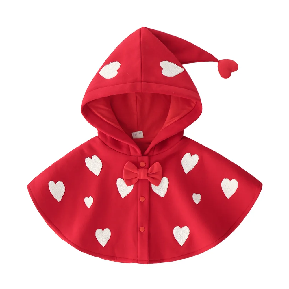 

2023 Autumn Winter Kids Baby Girls Cloaks Cotton Knotbow Love Heart Hooded Warm Infant Girls Coat Toddler Girls Outfits