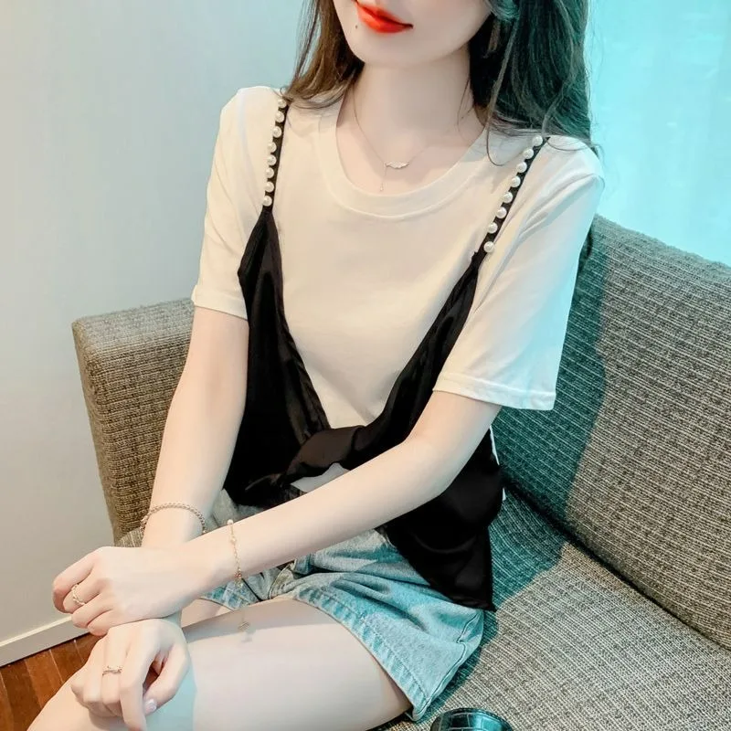 Женская футболка с коротким рукавом летняя универсальная простая имитацией двух