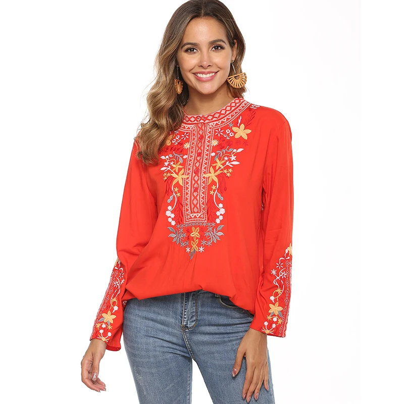

Le Luz Red Floral Embroidery Blouses Shirt Cotton Spring Boho Mexican Shirt Short Sleeve Women 23xl Ethnic Hippie Shirt 2022