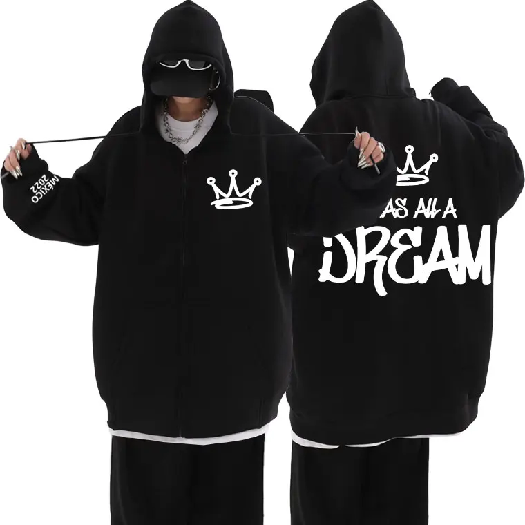 

Rapper Biggie Smalls It Was All A Dream Crown Double Sided Print Zipper Hoodie Tupac 2pac Men Women Fashion Hip Hop Zip Hoodies