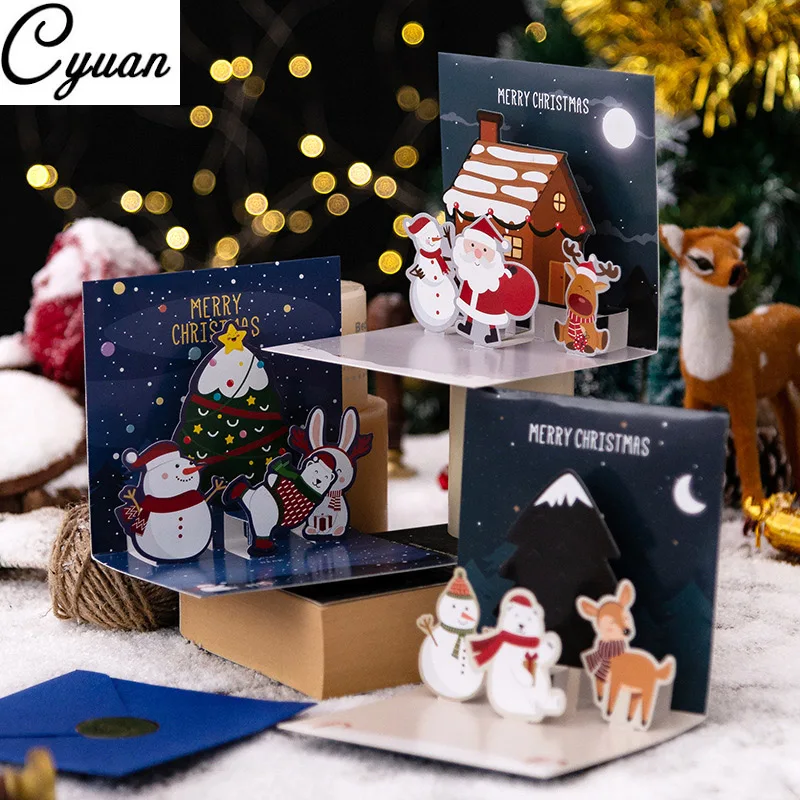 

5pcs 3D Pop Up Christmas Card Santa Claus Snowman Christmas Tree Popup Greeting Cards Thank You Cards for New Year Xmas 2024