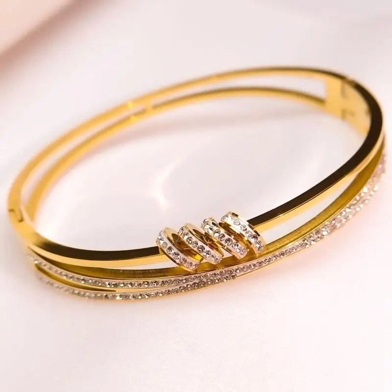 Роскошный двухслойный закрытый браслет из нержавеющей стали для женщин золотого