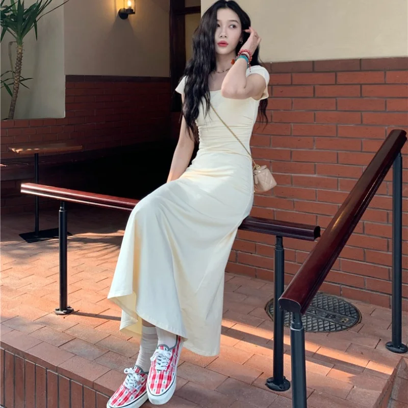 

French Square Neck White Dress Children's 2023 Summer New Slim Sweet Spicy Long Dress Maxi Dresses for Women Y2k A-LINE Vestido