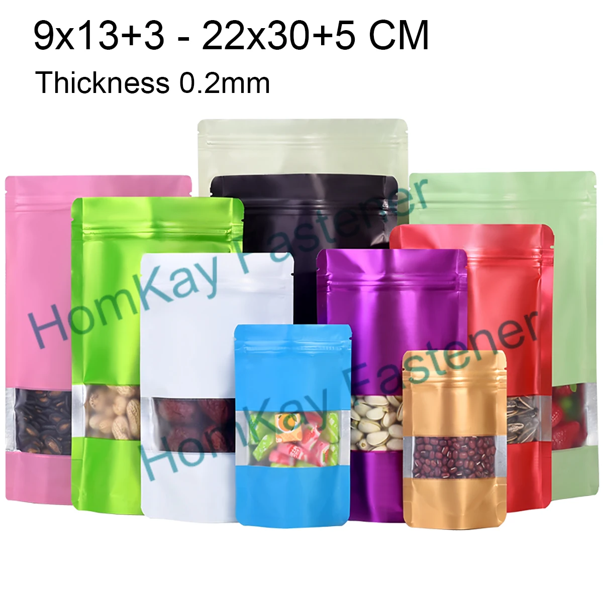 

50Pcs 9x13+3-22x30+5cm Thickness 0.2mm Color Aluminum Foil Ziplock Bag Window Stand-up Bag Light-proof Sealed Packaging Bag