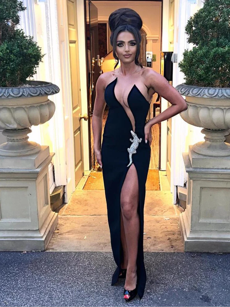 

Sexy Mesh O Neck Shining Crocodile Diamonds Bandage Long for Dress Women Black Sleeveless High Split Bodycon Evening Party Dress