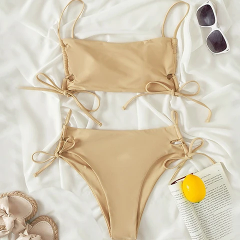 Women Sexy Bikini Set Swimsuit 2023 High Waist Triangle Thong Bikini Solid Color Female Swimwear Women Bathing Suit